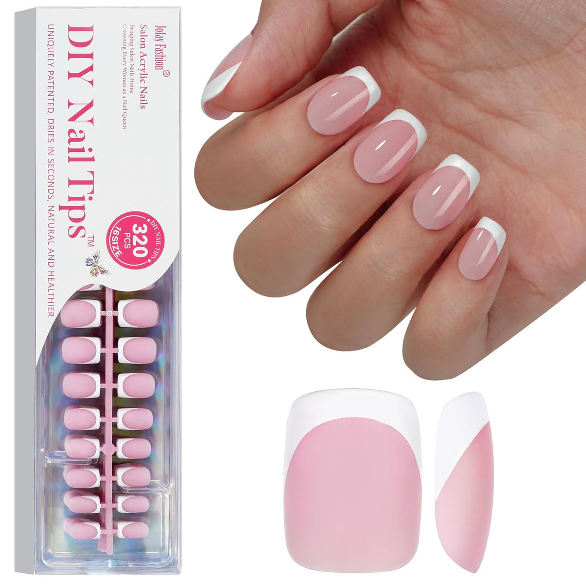 French Gel Nail Tips - Jofay Fashion French Tip Press on Nails, 10-Piece Set 320Pcs Short Square Nail Tips, Pre-applied Tip Primer & Base Coat, No Need to File Fake Nails for Nail Extension, 16 Sizes