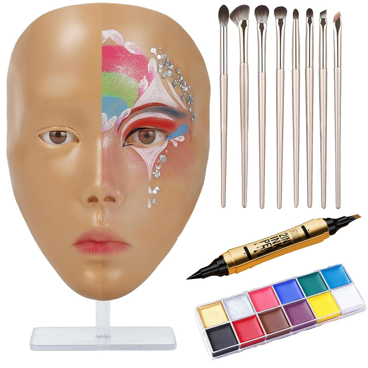 Make Up Practice Face, Face Painting Mannequin Head with Stand, 5D Reusable Silicone Face Practice Board, Mannequin Head for Makeup with Makeup Kit, Practice Face for Makeup Artist & Beginner, Brown