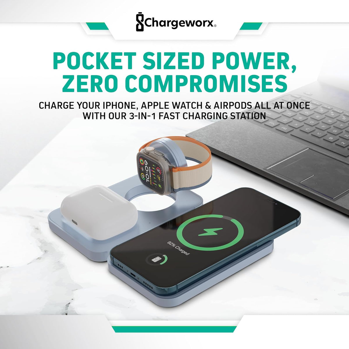 CHARGEWORX 3-in-1 Wireless Charger, Foldable Magnetic Charging Station with 15-Watt Fast Charging, Compatible with iPhone, Samsung, and Other Phones, Smartwatches, and Headphones, Blue