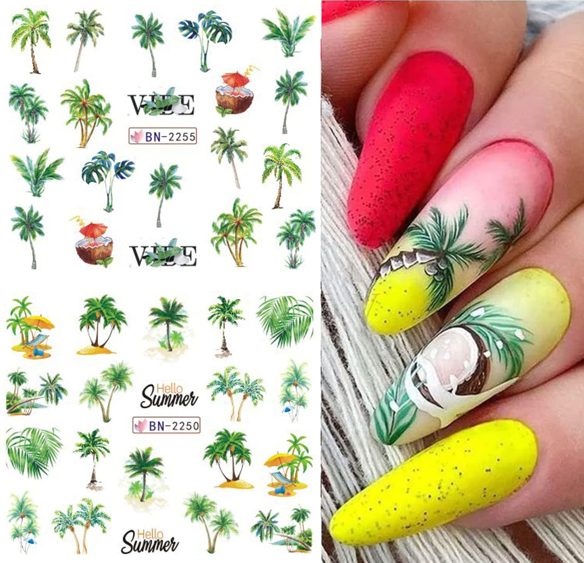 Summer Nail Art Stickers Water Transfer Summer Nail Decals for Nails Art Supplies Coconut Tree Ocean Beach Tropical Style Design Acrylic Nail Stickers for Women DIY Nail Art Accessories 12 Sheets