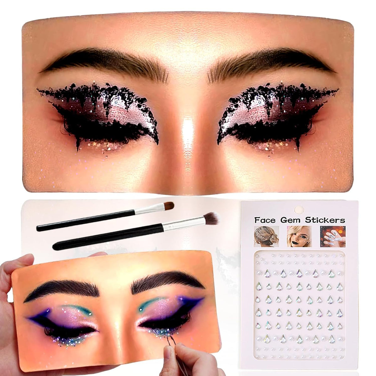 Mannequin Face for Makeup Practice, Makeup Practice Face Board with Makeup Brushes Rhinestones Sticker, Silicone Makeup Mannequin Face for Makeup Artist Supplies(Wheat colored)