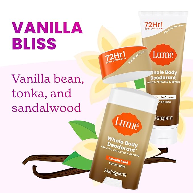 Lume Whole Body Deodorant - Invisible Cream Tube and Solid Stick - 72 Hour Odor Control - Aluminum Free, Baking Soda Free, Skin Loving - 3.0 Ounce Tube and 2.6 Ounce Solid Stick Bundle (Vanilla Bliss)