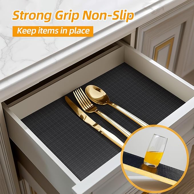 Shelf and Drawer Liner for Kitchen Cabinets Non-Adhesive, Strong Grip Non-Slip Thickened Cabinet Liners for Shelves, Waterproof Mats for Dresser Cupboard, Black, 17 in x 20 Feet