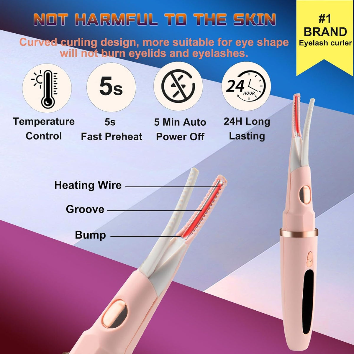 Heated Eyelash Curler - 2 in 1 Clip-Type Electric Lash Curler - 5S Heating - LED Display - 3 Temp Settings - USB Rechargeable - Pink