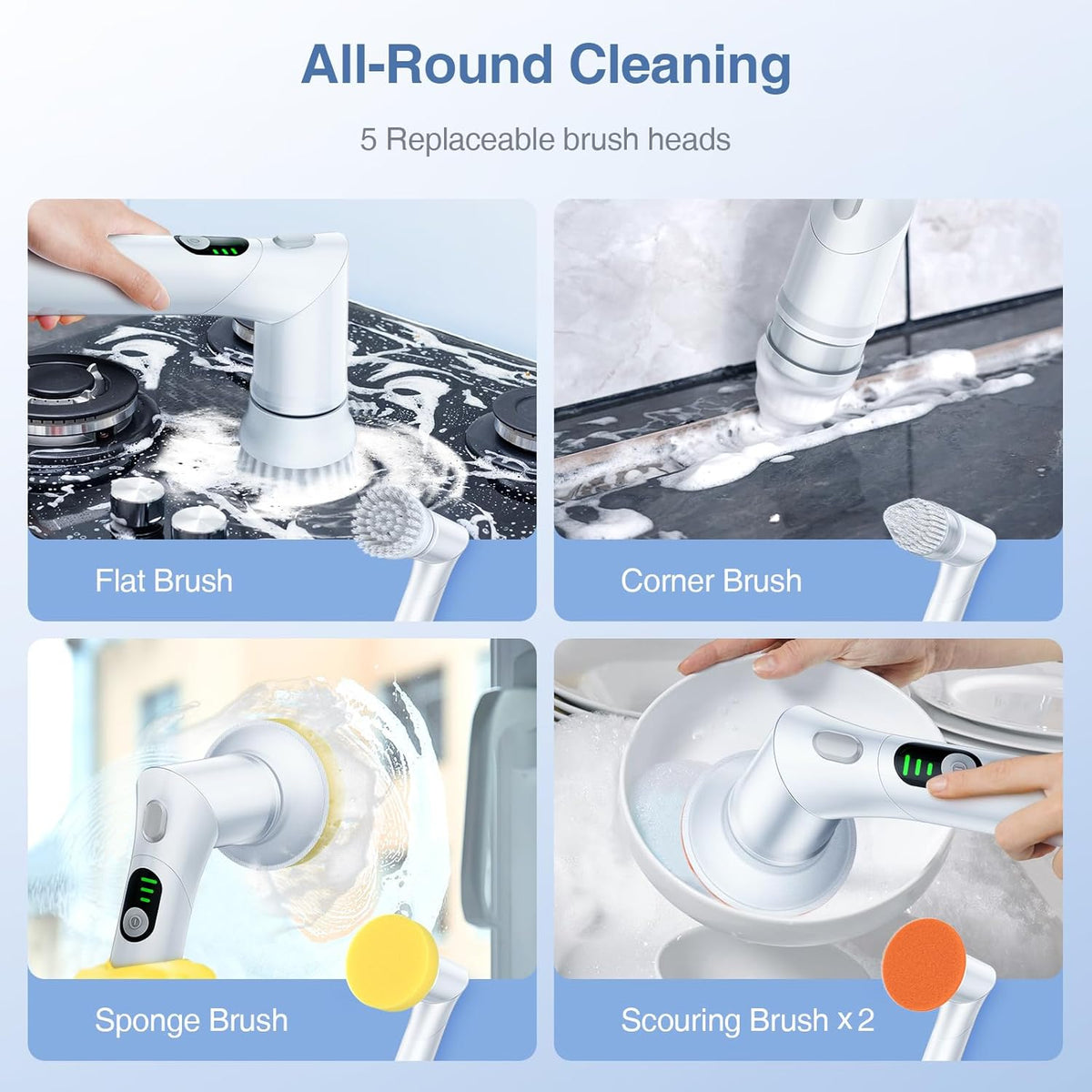 LABIGO Electric Spin Scrubber LA5 Mini, Bathroom Scrubber Shower Scrubber for Cleaning Tub Tile Floor Window Kitchen Sink, Power Scrubber Cleaning Brush with 5 Replaceable Brush Heads, White