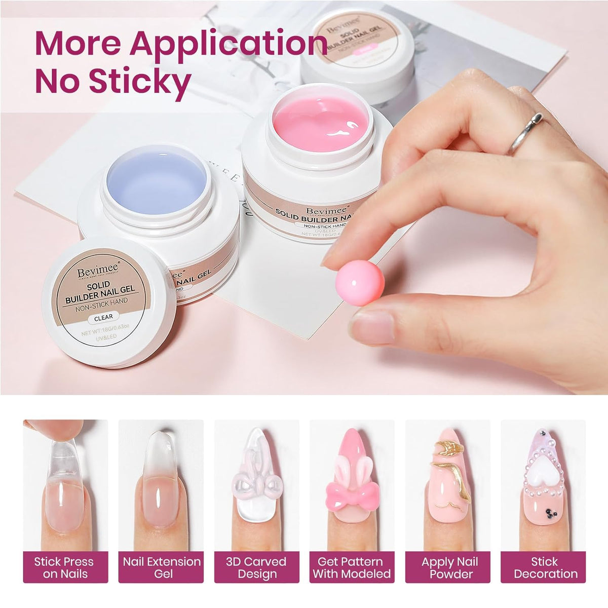3d Sculpting Gel for Nail Art, Solid Builder Gel for Nails Non-Stick Hand for Modeling Sculpture Nail Extension UV/LED Manicure DIY At Home Clear Pink 2PCS