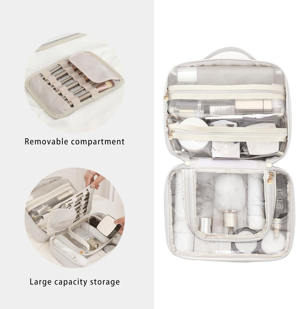 RIGHT AWAY Travel Toiletry Bag for Women,Large Makeup Bag& Cases,Waterproof Cosmetic Organizer Bag with Compartments,Portable Make Up Bag for Travel Size Toiletries,Skincare,Brushes Set,White