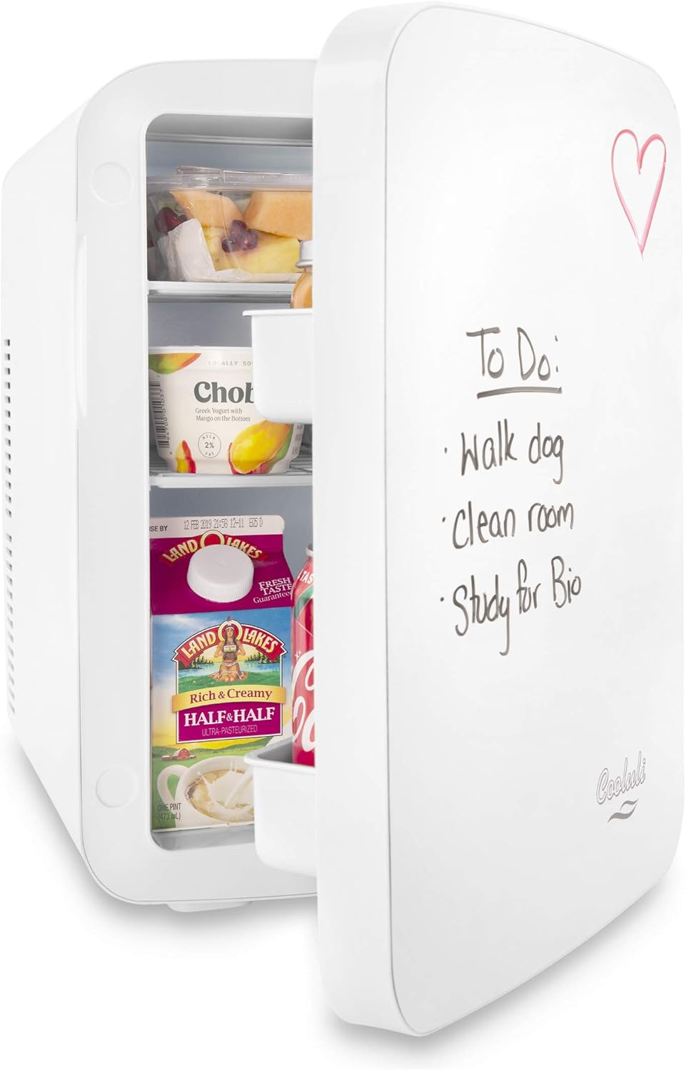 Cooluli Vibe Mini Fridge for Bedroom - With Cool Front Magnetic Whiteboard - 15L Portable Small Refrigerator for Travel, Car & Office Desk - Plug In Cooler & Warmer for Food, Drinks & Skincare (White)