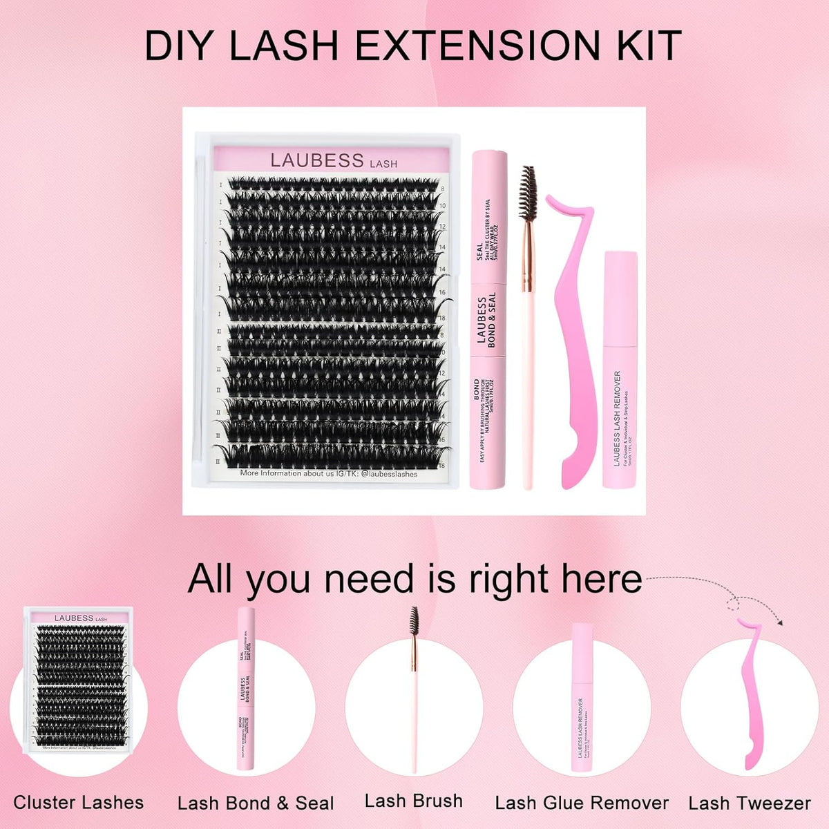 Lash Clusters Kit LAUBESS DIY Lash Extension Kit Lash Bond and Seal Waterproof Lash Glue Remover Tweezers Brush Cluster Eyelash Extensions Kit Eyelash Clusters (Kit 60D/80D-D-Mix8-18)