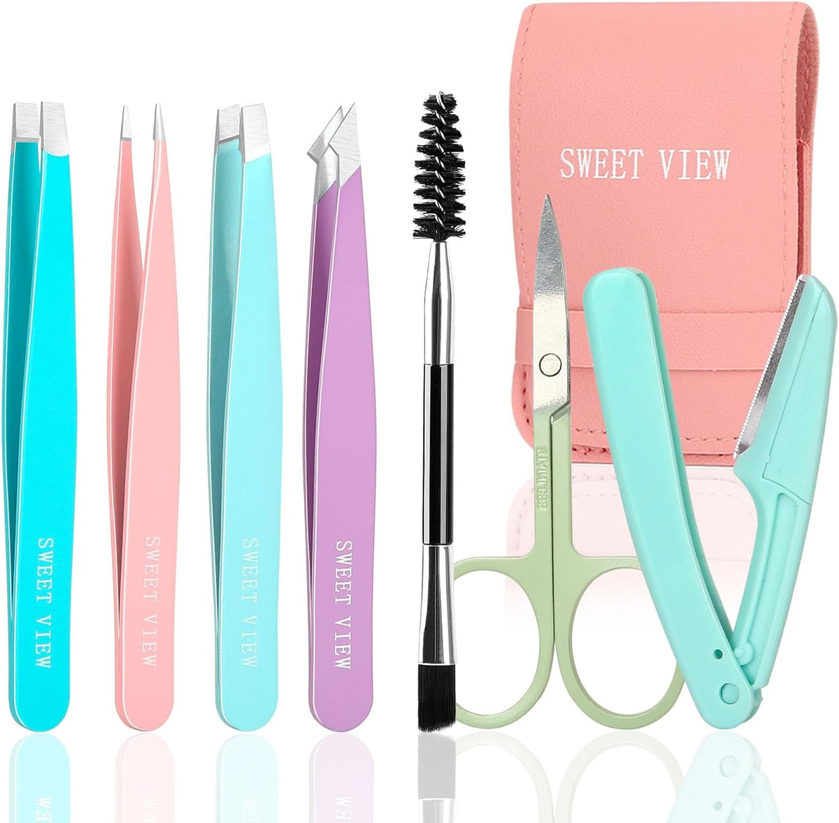 7pcs Eyebrow Tweezers Kit for Women Precision Plucker with Brow Scissors & Razor & Spoolie for Facial, Chin, Brow, Splinter and Ingrown Hair