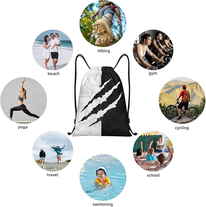 Cool Drawstring Bags Scratch Pattern Art Design Sport Gym Sack Drawstring Bag Black White Yin and Yang Design Stylish String Bag Yoga Bag for Men Women