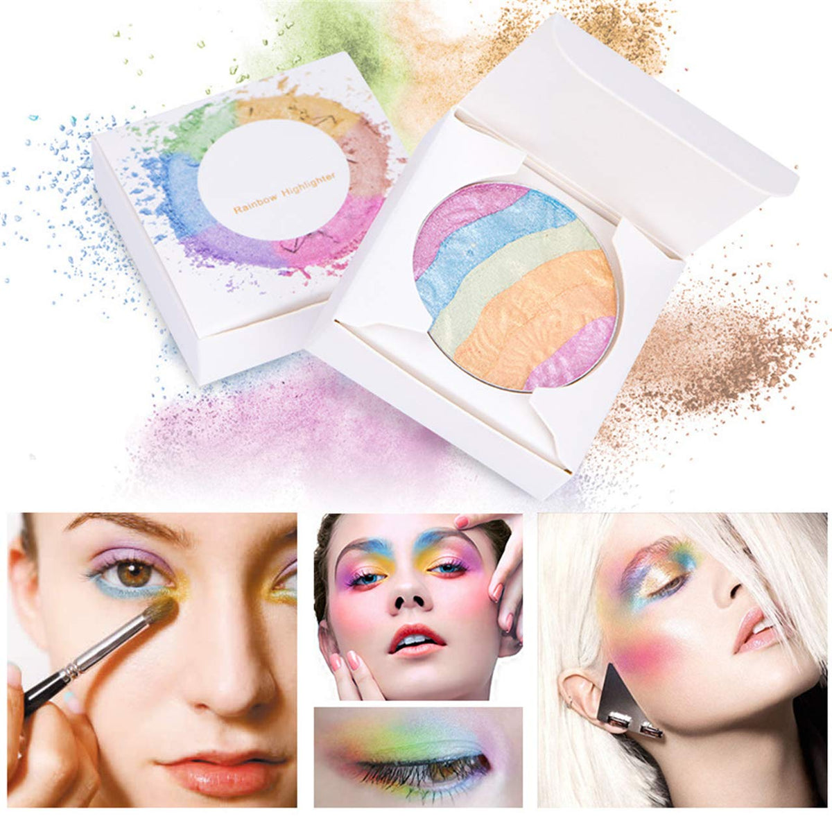 Pro 6 Colors 3D Baked Rainbow Highlighter Eyeshadow Makeup Palette Xmas Cosmetic Blusher Shimmer Powder Contouring Kit Unicorn Blush