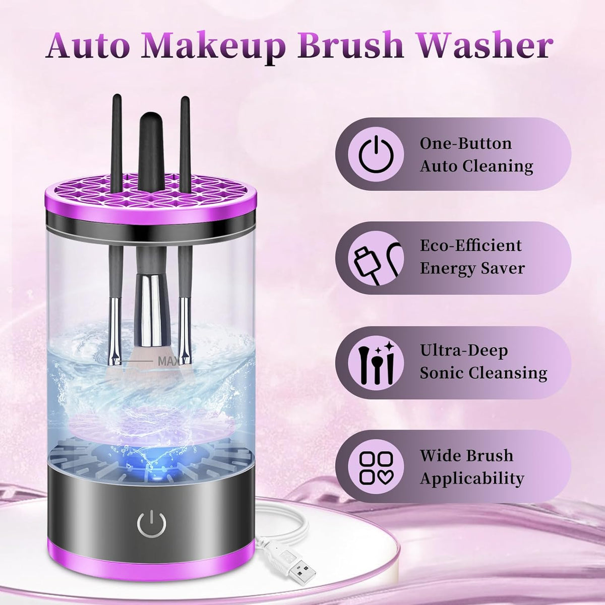 Electric Makeup Brush Cleaner, Quick Efficient Machine for Deep Cleaning All Types of Brushes, Portable Compact Design for Travel Home Use, for Makeup Lovers & Professionals - Purple