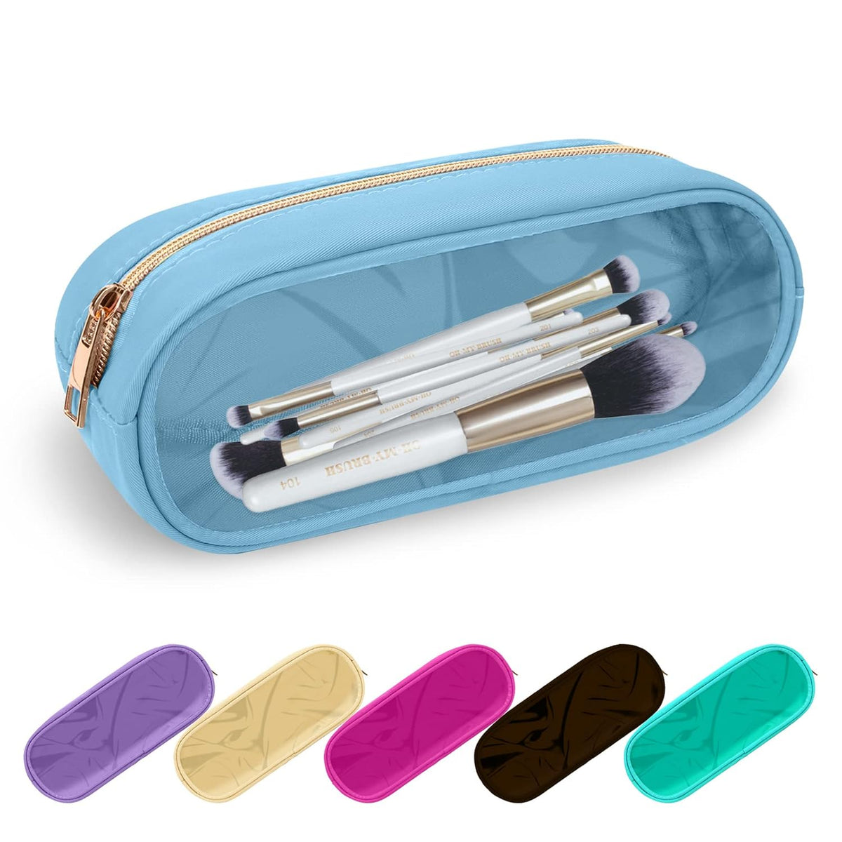 Clear Small Pencil Pouch Makeup Bag for Purse,Nylon&PVC Pencil Case Waterproof Makeup Brush Holder with Zipper,Preppy Transparent Pen Bag Travel Cosmetic Bag for Women Office(Slim-Blue)