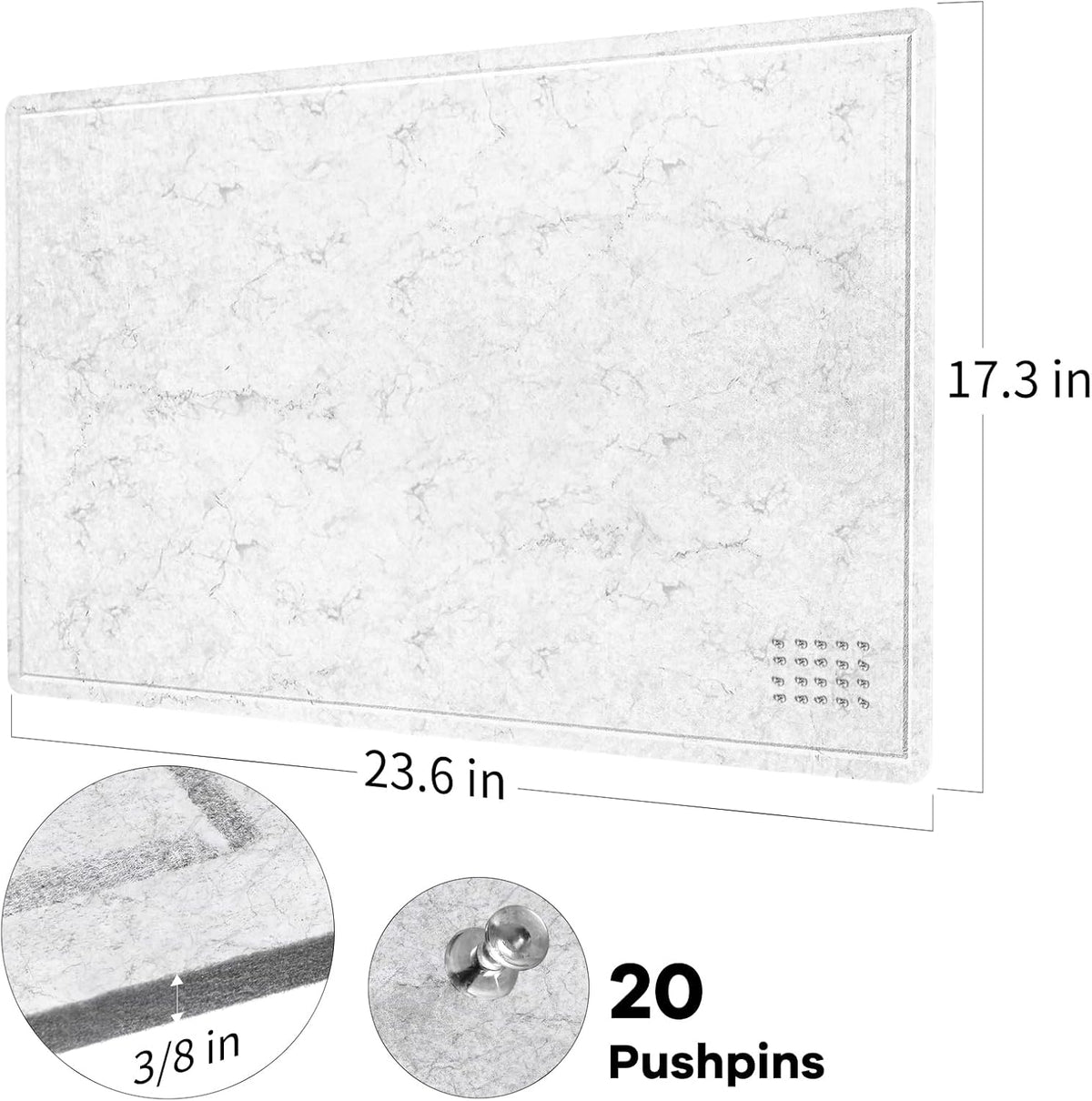Bulletin Board, 24 x 18 Inches Felt Decorative Pin Board, Cork Alternative for Wall, Foldable Photo Self-Adhesive Vision Mood Board With 20 Pushpins - Marble White