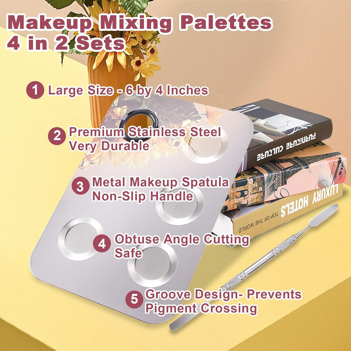 4 in 2 Set Makeup Mixing Palette, Makeup Palette for Foundation, Makeup Mixing Tray, Stainless Steel Mixing Tray with Spatula for Mixing Foundation Eye Shadow Nail Art, Makeup Foundation Mixing Tray
