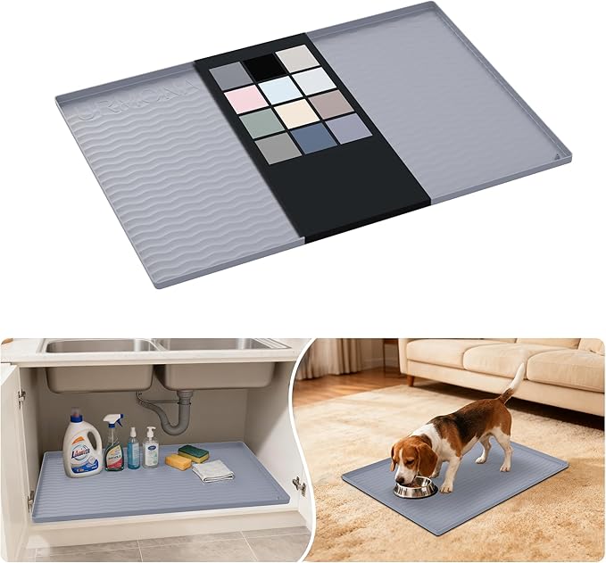 URMONA Waterproof Silicone Under Sink Mat 28'' x 22'' Shelf Liner for Kitchen and Bathroom, Cabinet and Counter Protector, Storage and Organizers, Litter Mat, Pet Cat Puppy Essentials(Light Grey)