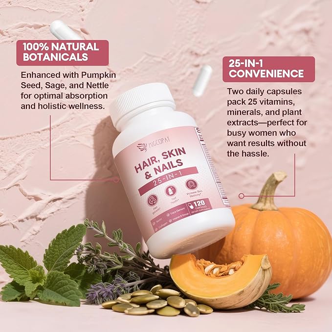 Biotin | Collagen | Vitamin, 25-in-1 Formula Hair, Skin & Nails Supplement with Vitamin B, C, D3, E, Folate, Iron - Supports Hair Growth, Skin Health, Nail Strength for Women