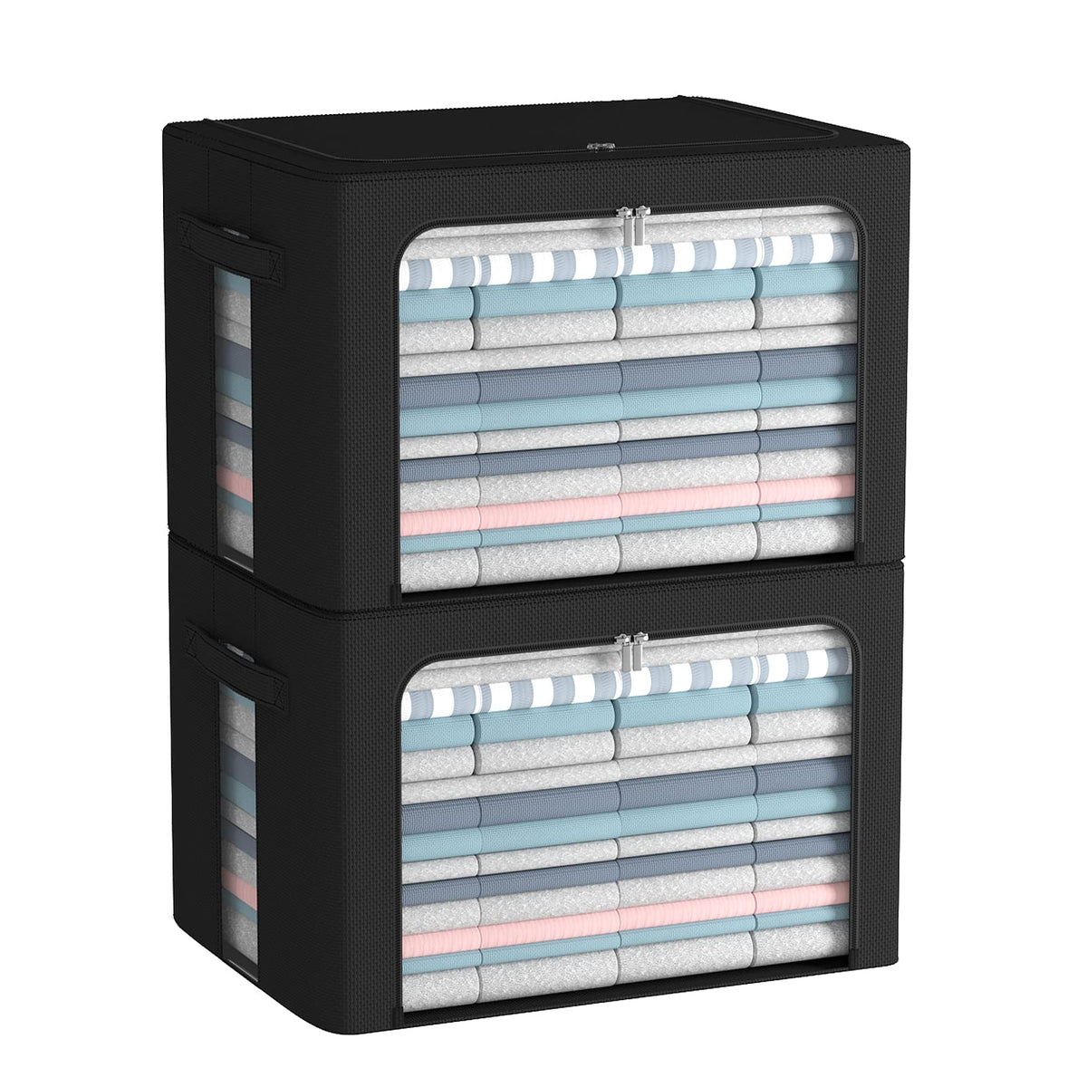 Clothes Storage Bins Box - Linen Fabric Foldable Stackable Container Organizer Set with Clear Window & Carry Handles & Metal Frame (Black, Large-66L)