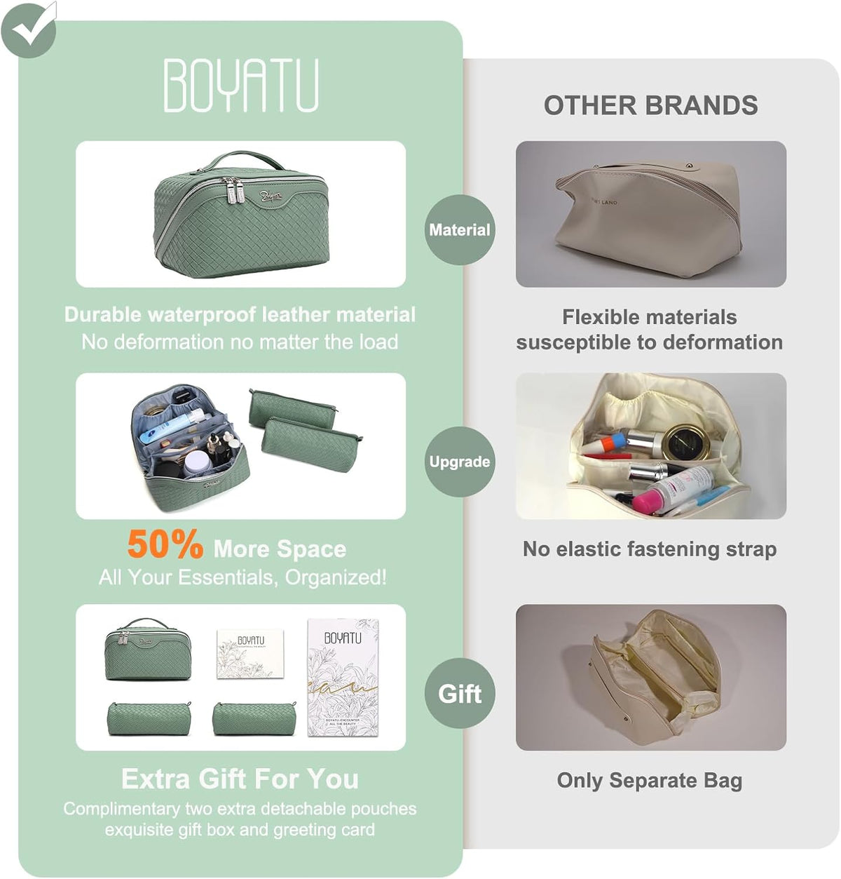 BOYATU Travel Makeup Bags for Women: Large Cosmetic Bag Waterproof - Vegan Leather Make up Bag Set of 3 - Compact Toiletry Organizer with Compartments & Handle & Divider (L05 Grass Green)