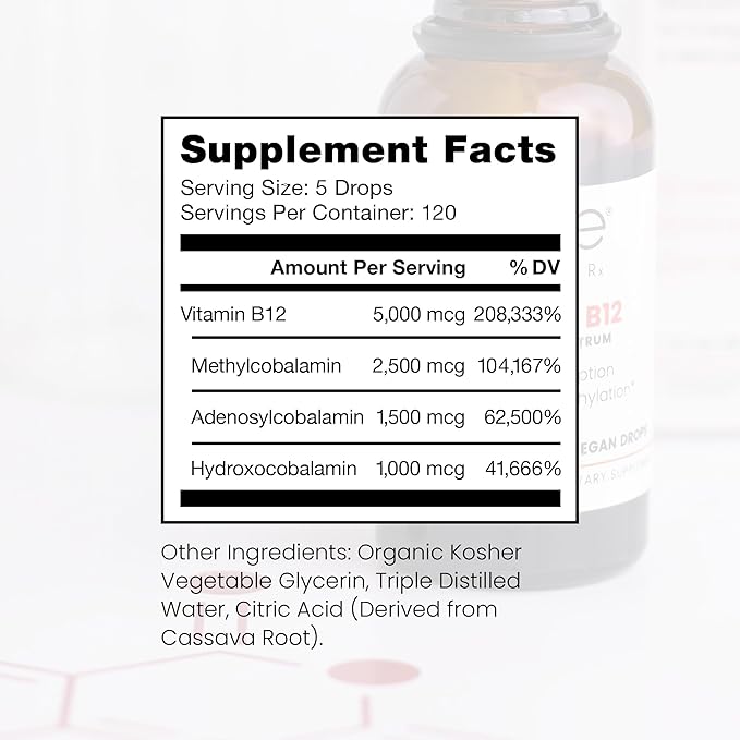 BioActive B12 Full Spectrum Vegan Methylated Vitamin B12 Sublingual Liquid Methylcobalamin, Hydroxocobalamin & Adenosylcobalamin 1,000 mcg per Drop (5 Drops = 5,000mcg / 4 Month Supply) 20 ml