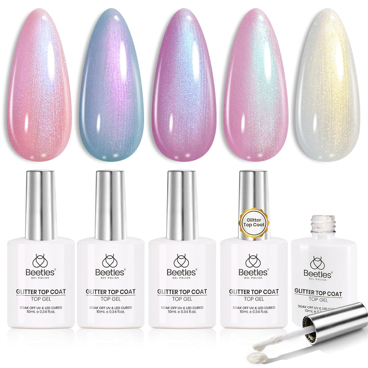 Beetles Pearl Glitter Top Coat Set, 5 Colors Iridescent Pastel Shimmer Mermaid Glossy Top Coat Gel Polish Shiny Long-Lasting No Wipe Soak Off UV LED Nail Art Gifts for Women