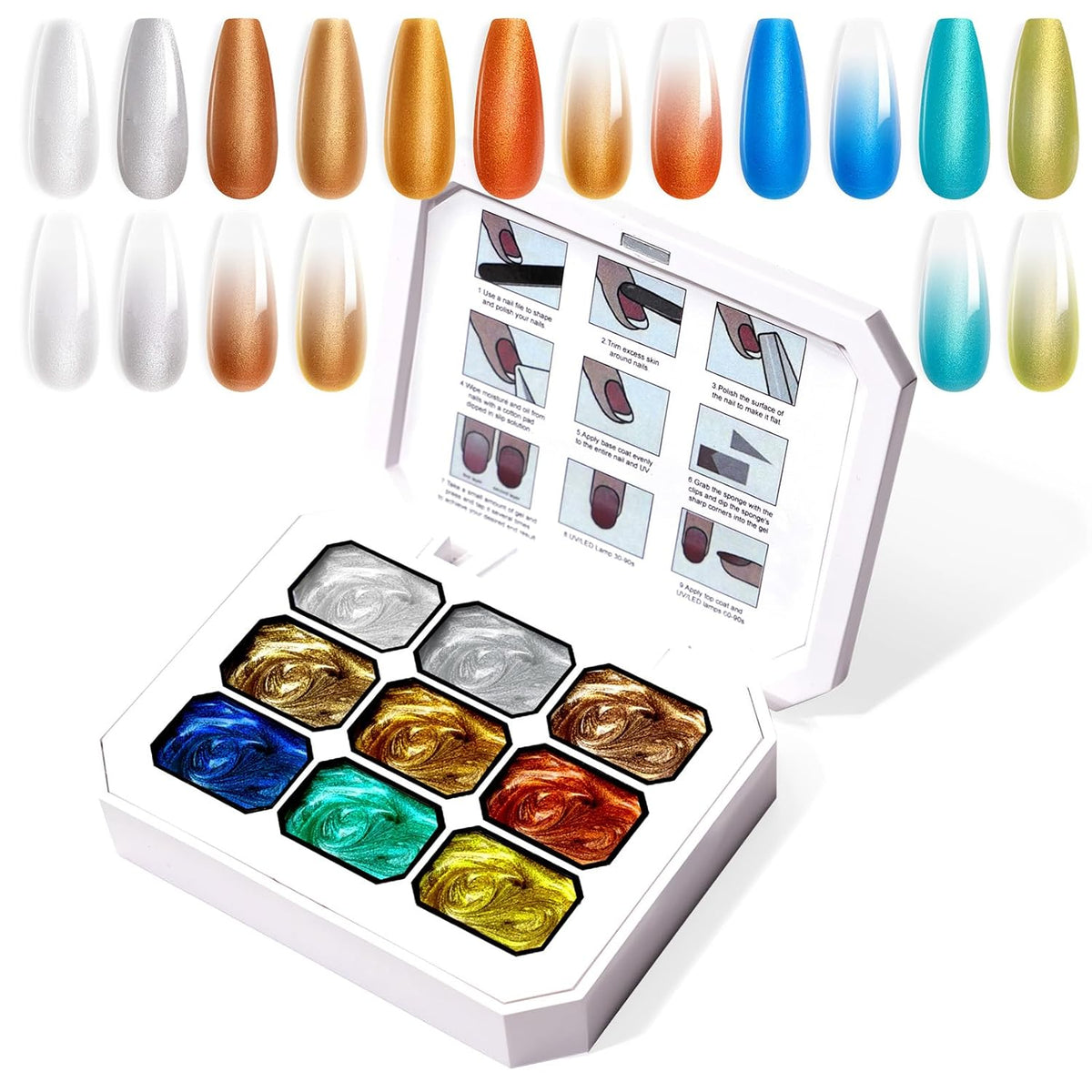 Gradient Painting Gel, 9 Colors Ombre Gel Nail Polish Gold Silver Metallic Effect Pigment Pat Aura Nails French Manicure Soak Off UV Long-lasting Home Salon DIY Nail Art Satin Metal(01)