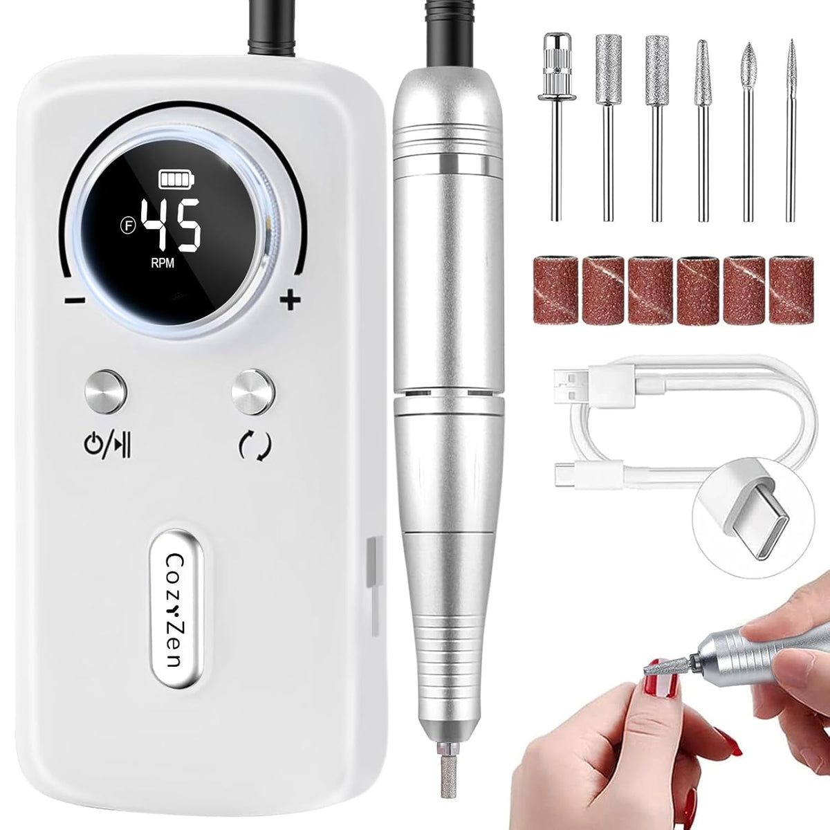 CozyZen Cordless Nail Drill Professional: 45000 RPM Rechargeable Electric Nail File Kit, Portable & Low Noise for Acrylic, Gel Nails, Manicure & Pedicure - Salon & Home Use