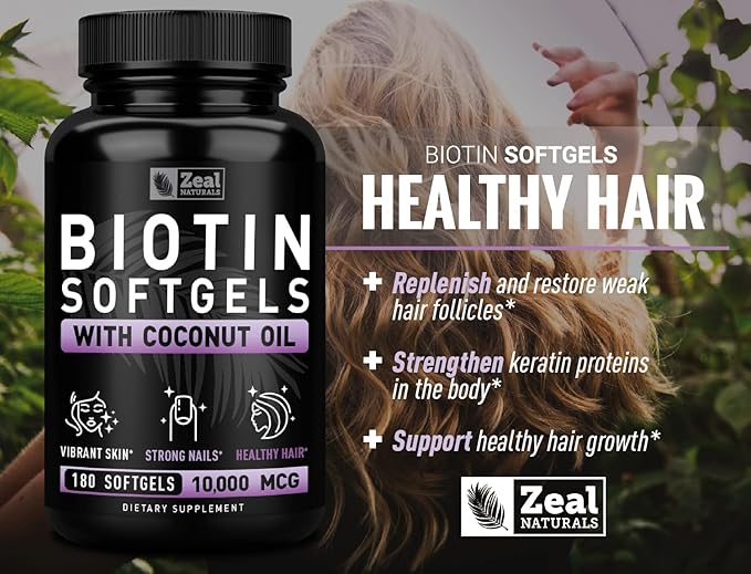Zeal Naturals Biotin with Coconut Oil for Hair 10000mcg (180 Softgels) Biotin Supplement - Biotin Pills for Hair Skin and Nails Vitamins for Women Biotin Capsules for Men Hair Growth 6 mo Supply