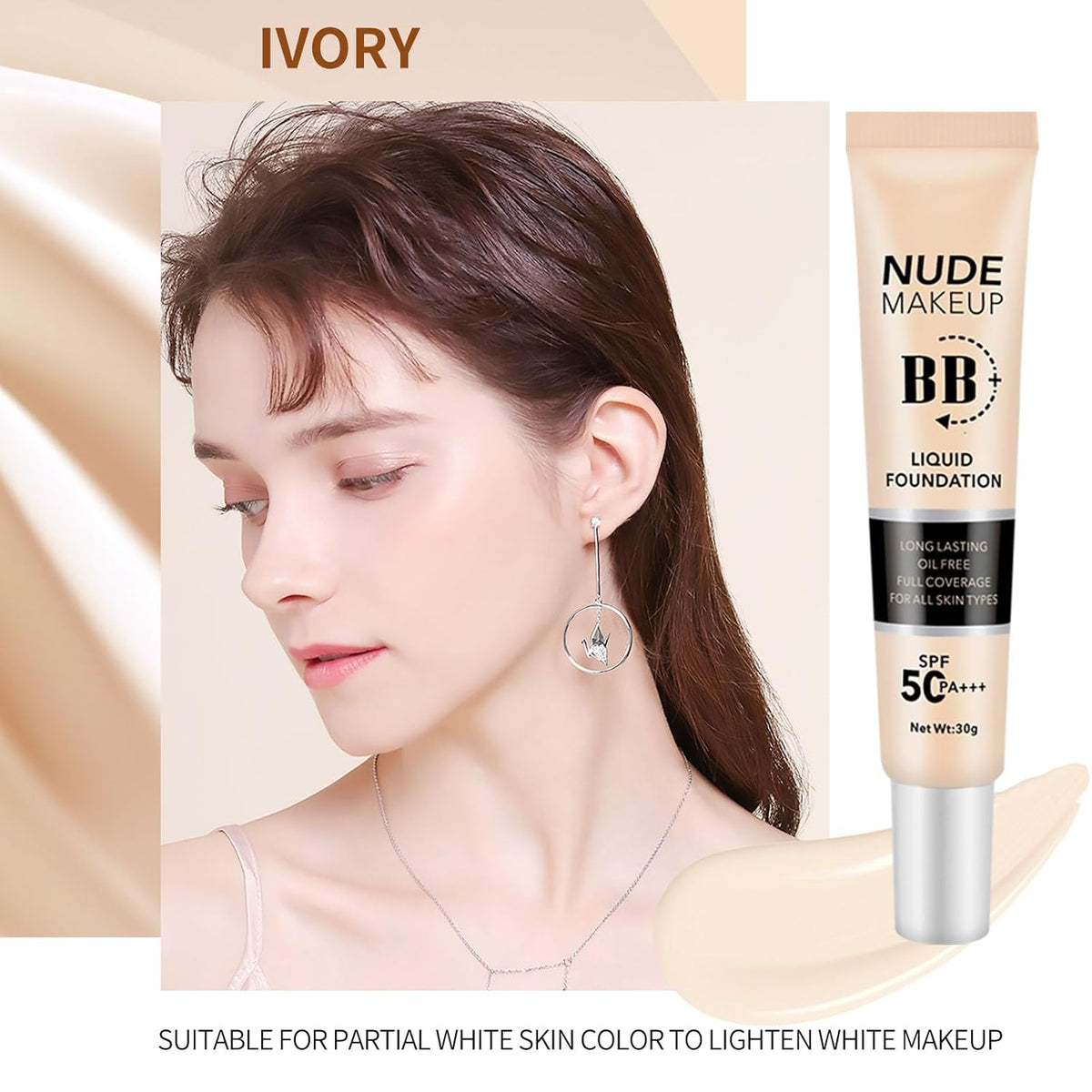BB Cream with SPF 50, BB Cream Full Coverage, Hide Pores Blemishes, Nude Makeup Base, Even Skin Tone, Long Lasting Oil Control, Hydration BB Cream, Natural Finish for All Skin Types (Ivory)
