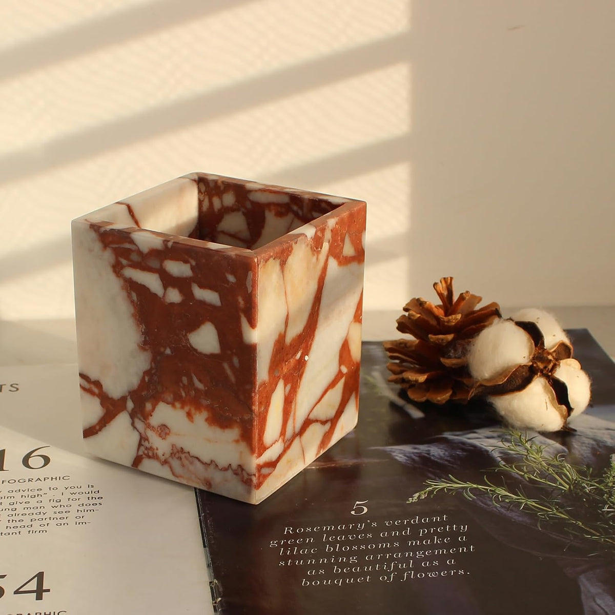 Calacatta Red Marble Toothbrush Holders for Bathroom, Natural Marble Makeup Brush Holder Countertop Organizer