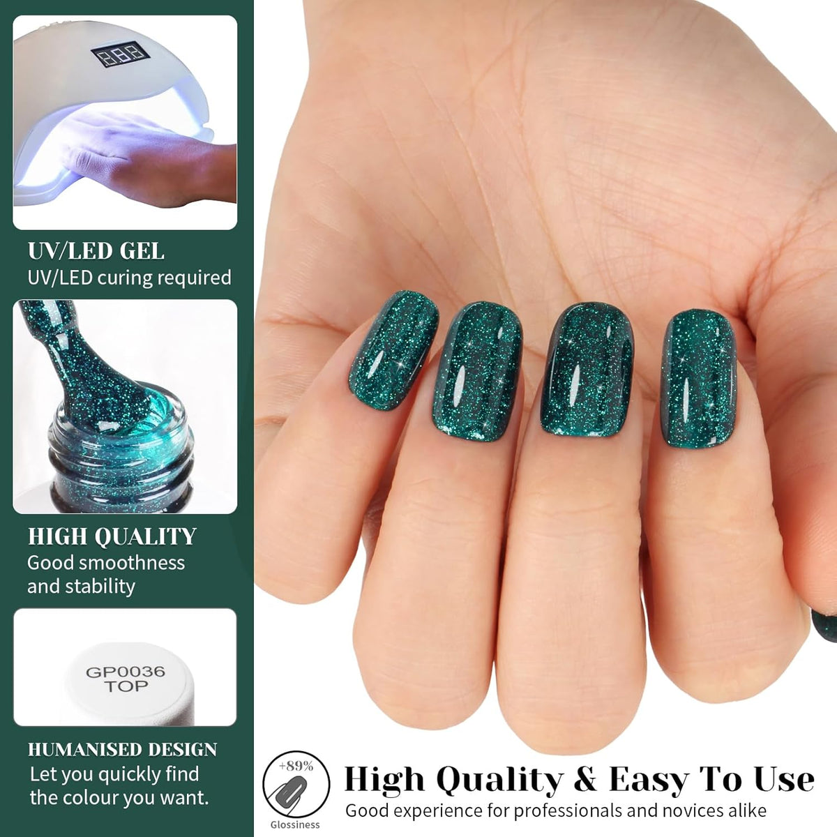 Glitter Gel Polish, Sparkly Shimmer Green Gel Nail Polish, 15ml Soak Off UV Gel Nail Polish for DIY Manicure, St. Patrick's Day Christmas Green Color Gel - GP0063