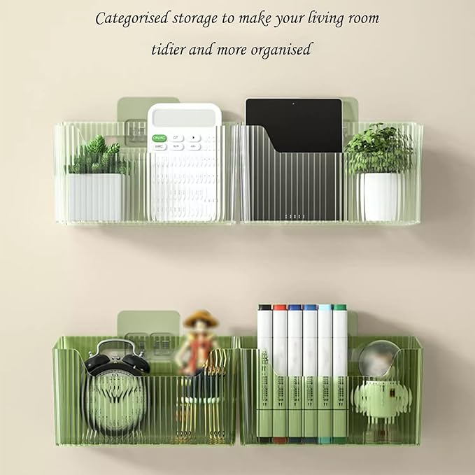 Set Of 2 Storage Organizer Bins Wall Mounted Shower Basket, Shower Caddy Stackable Clear Plastic Makeup Organizer Adhesive Hanging Bin for Bathroom, Kitchen, Cabinet, Pantry, BPA Free, Green
