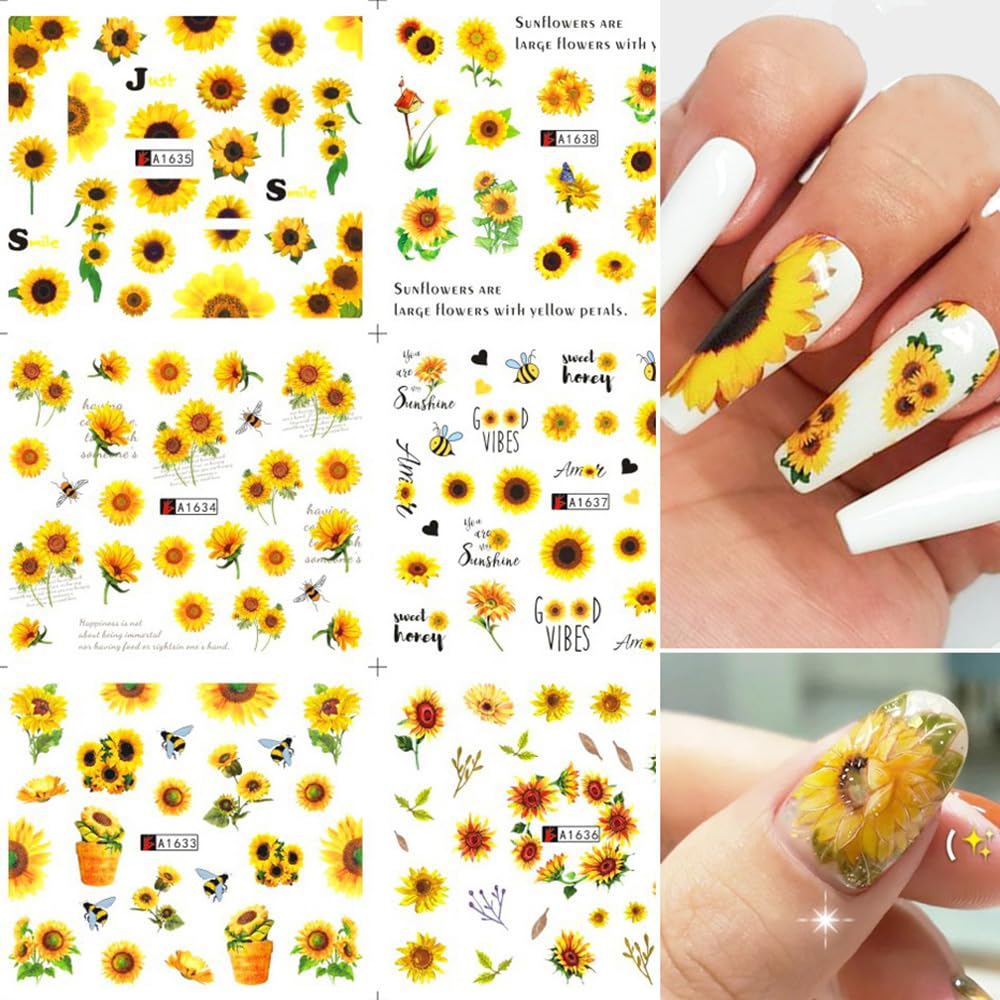 Sunflower Nail Stickers Decals Spring Summer Nail Art Water Transfer Floral Butterfly Honeybee Yellow Flower Supplies Cute Accessories for Women Girls 12Pcs