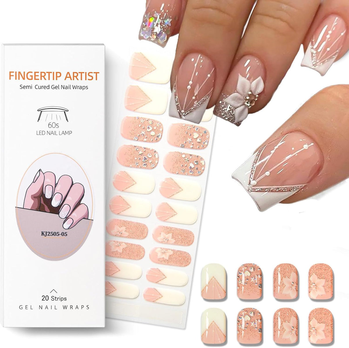 Semi Cured Gel Nail Strips French Tip Gel Nail Strips Whhite Flower Stickers Glitter Wraps Need UV/LED Light Salon Quality & Easy to Use for Women 20 Pcs