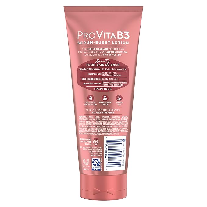 Vaseline Pro VitaB3 Serum Burst Lotion Supple & Soft Healthy, Hydrated Skin, Lightweight 10x Antioxidant Power of Vitamin C with Vitamin B3, Hyaluronic Acid & Peptides, 7.5 fl oz