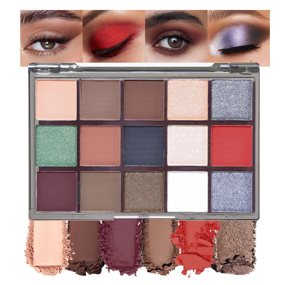 Smokey Red Eye Shadow Makeup Palette,15 Colors Gray Silver Brown Dark Shimmer Matte Makeup Pallet,Long Lasting Waterproof for Daily and Halloween,Vegan,Cruelty -free