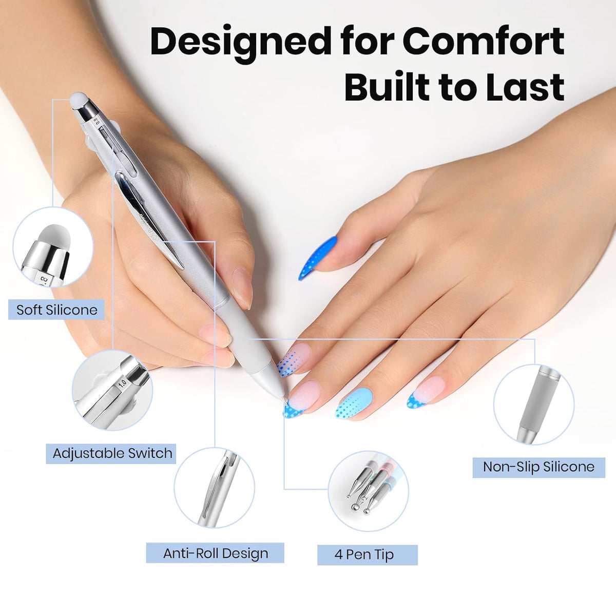 Beetles Nail Dotting Pen 4-in-1 Manicure Art Tools in Ballpoint Design with Size Marking and Pressing Head Double-end Nail Dotting Tool, Pefect for Dottings Painting Gems Chrome Powder DIY and Salon