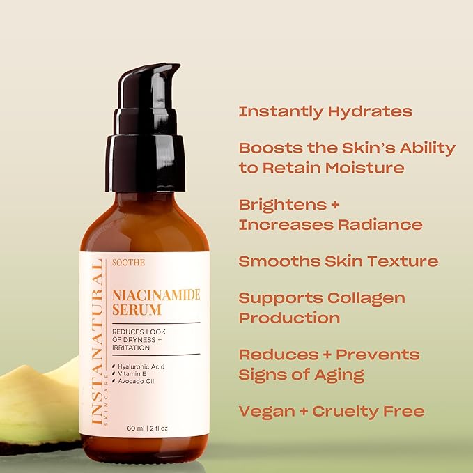 InstaNatural Niacinamide Face Serum, Hydrates, Soothes, Reduces Irritation, Redness, Lines, Wrinkles, and Other Signs of Aging, with Hyaluronic Acid and Vitamin E, 2 Fl Oz