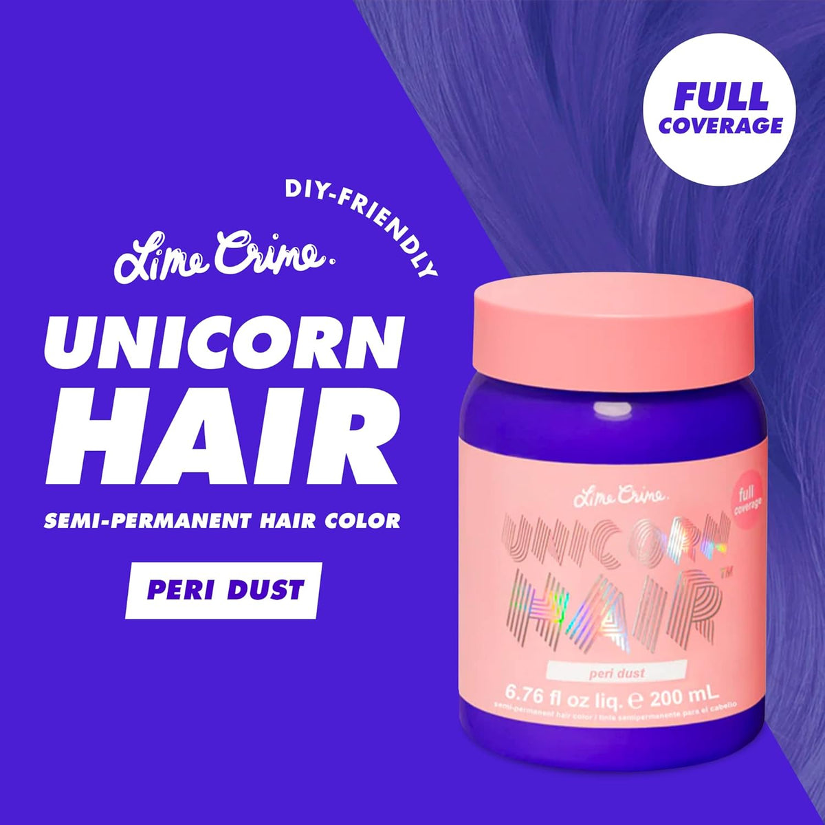 Lime Crime Full Coverage Unicorn Hair Dye, Peri Dust - Damage-Free Semi-Permanent Hair Color Conditions & Moisturizes - Temporary Hair Tint Kit Has A Sugary Citrus Vanilla Scent - Vegan