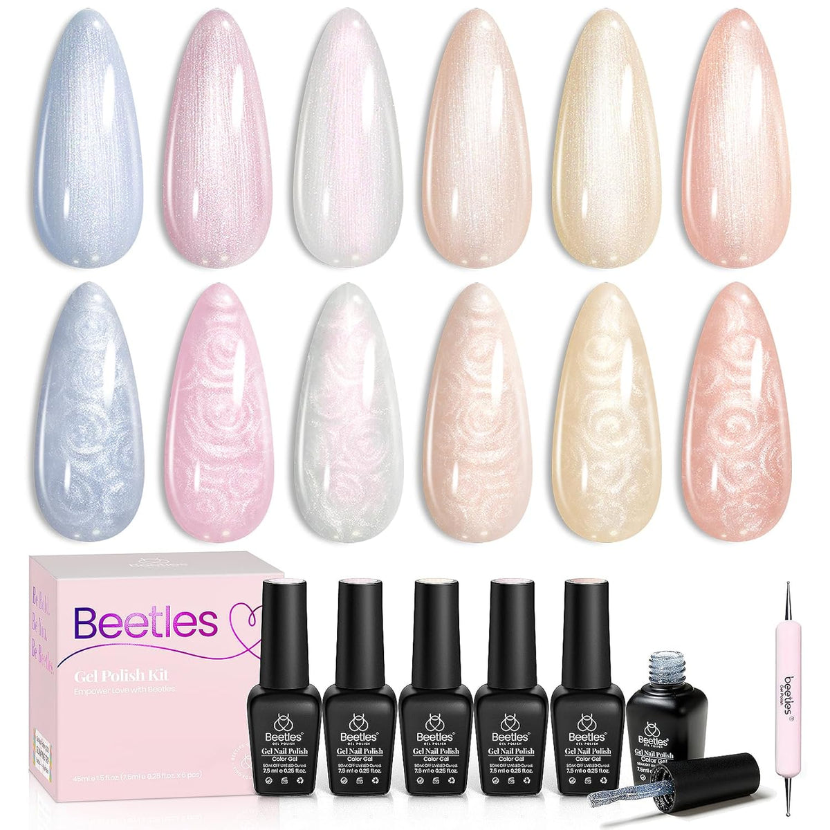 Beetles Pearl Gel Nail Polish – Glitter Silk 6 Colors Gel Polish Set, Pastel Pink White Orange Blue Colors Shimmer Mermaid Shell Swirl Thread Effect Soak Off UV LED Gift for Women