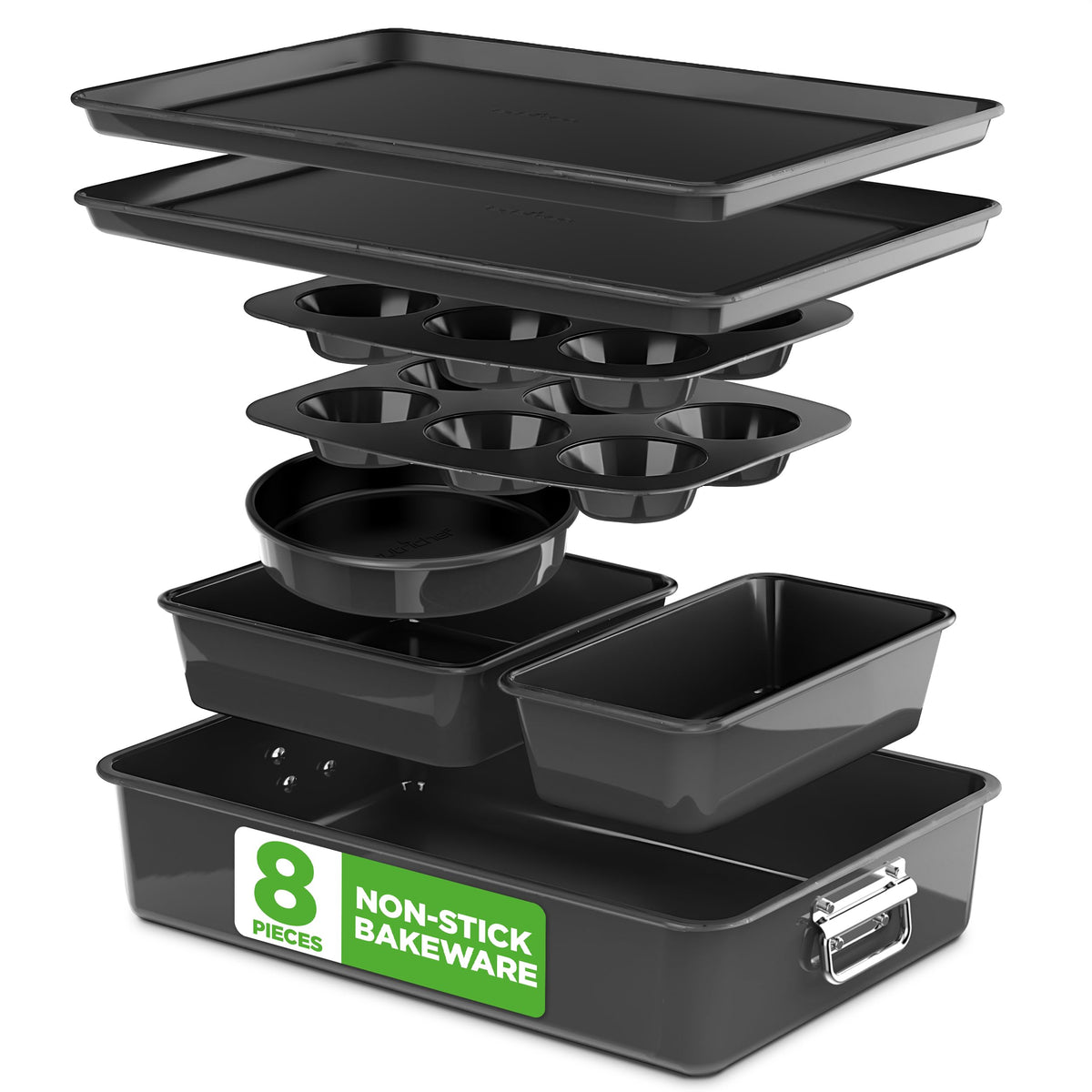 NutriChef 8-Piece Nonstick Stackable Bakeware Set - PFOA, PFOS, PTFE Free Baking Tray Set w/Non-Stick Coating, 450°F Oven Safe, Round Cake, Loaf, Muffin, Wide/Square Pans, Cookie Sheet (Blue)