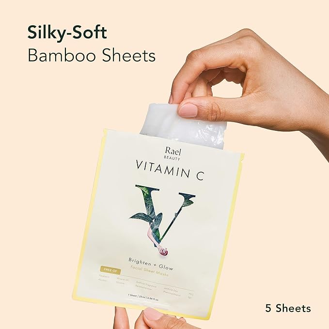 Rael Face Mask Skin Care, Vitamin C Face Masks - Bamboo Facial Sheet Mask, Korean Skincare, with Brightening Vitamin C Serum and Fruit Extracts, All Skin Types (Vitamin C, 5 Sheets)