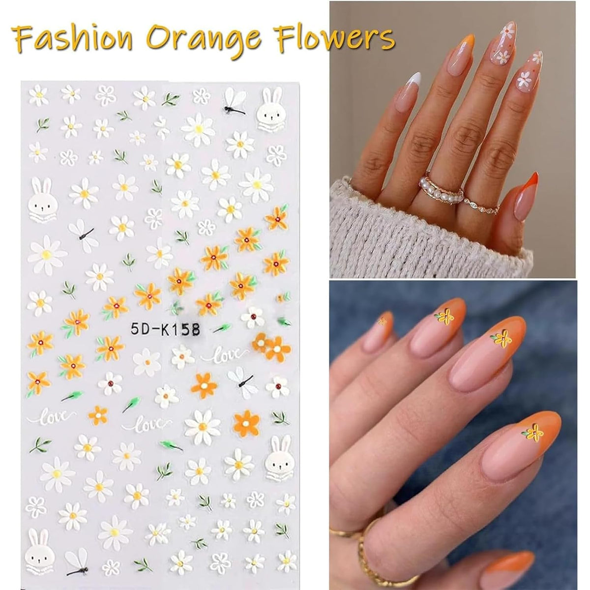 Flower Nail Art Stickers Decals 5D Embossed Nail Decals Spring Summer Daisy Nail Art Design Self-Adhesive Nail Supplies Accessories 3D Flower Nail Stickers for Women Nail DIY Decoration