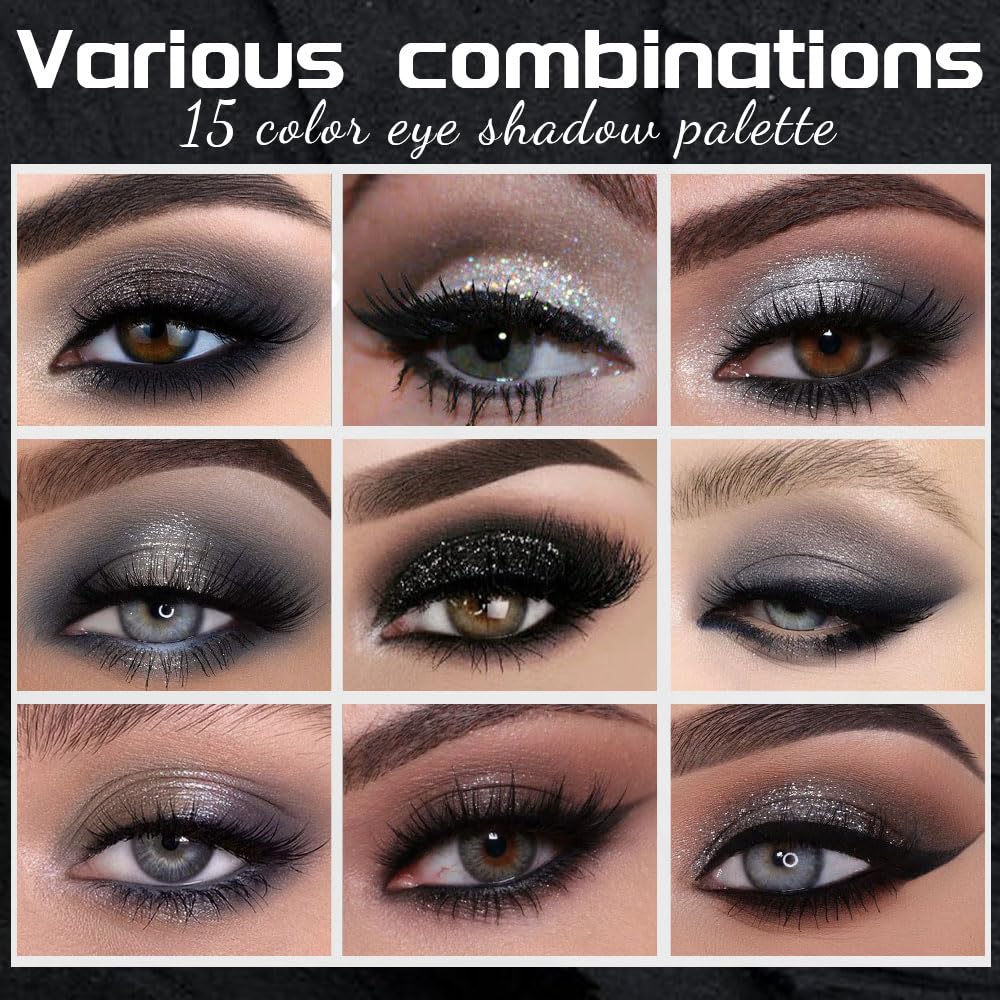 15 Colors Black Gray Silver Matte Shimmer Eyeshadow Palette for Eye Makeup,High Pigmented Brown White Eye Shadow Primers Powder Palet de sombras de ojos