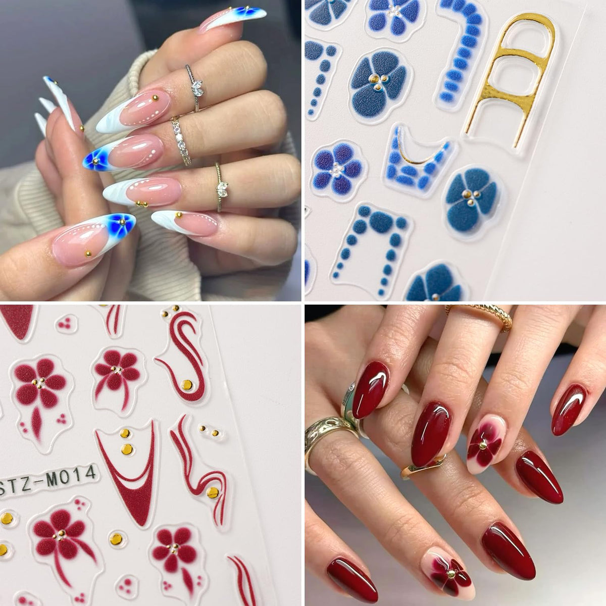 4Pcs Flower Nail Stickers for Nail Art - French Nail Art Stickers Autumn Winter Wine Red Brown Blue Floral Leopard Print Pattern 3D Self-Adhesive Nails Sliders Flowers Sticker for Nails Decoration