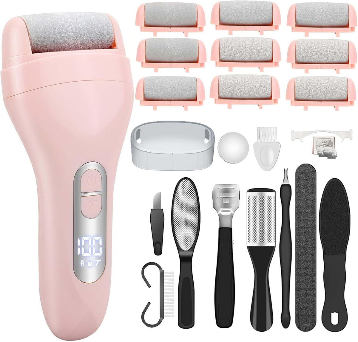 Electric Callus Remover for Feet - with 9pcs Larger Grinding Head, Portable Pedicure Kit Foot File Callus Remover, Rechargeable Waterproof Foot File for Foot Care Deadskin Remover LCD Display-Pink