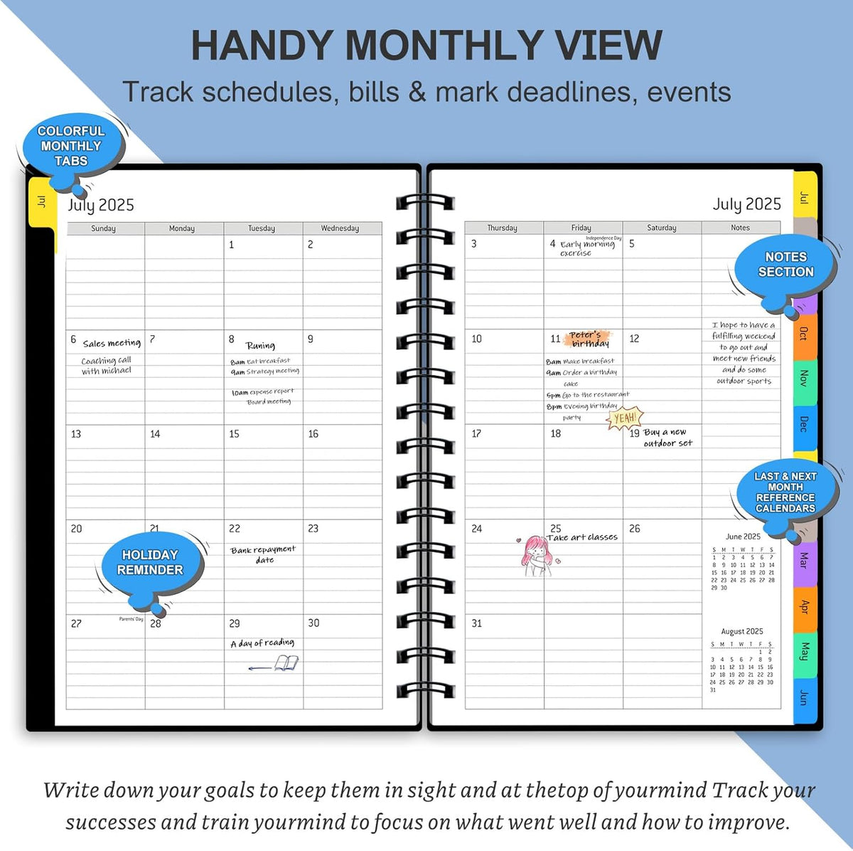 Daily Planner 2025-2026, July 2025 - December 2026, Yearly Monthly Weekly Daily Academic Calendar Planner, 18 Month with Tabs, Time Management Manual, 100GSM Thick Paper, A5 Size, Black