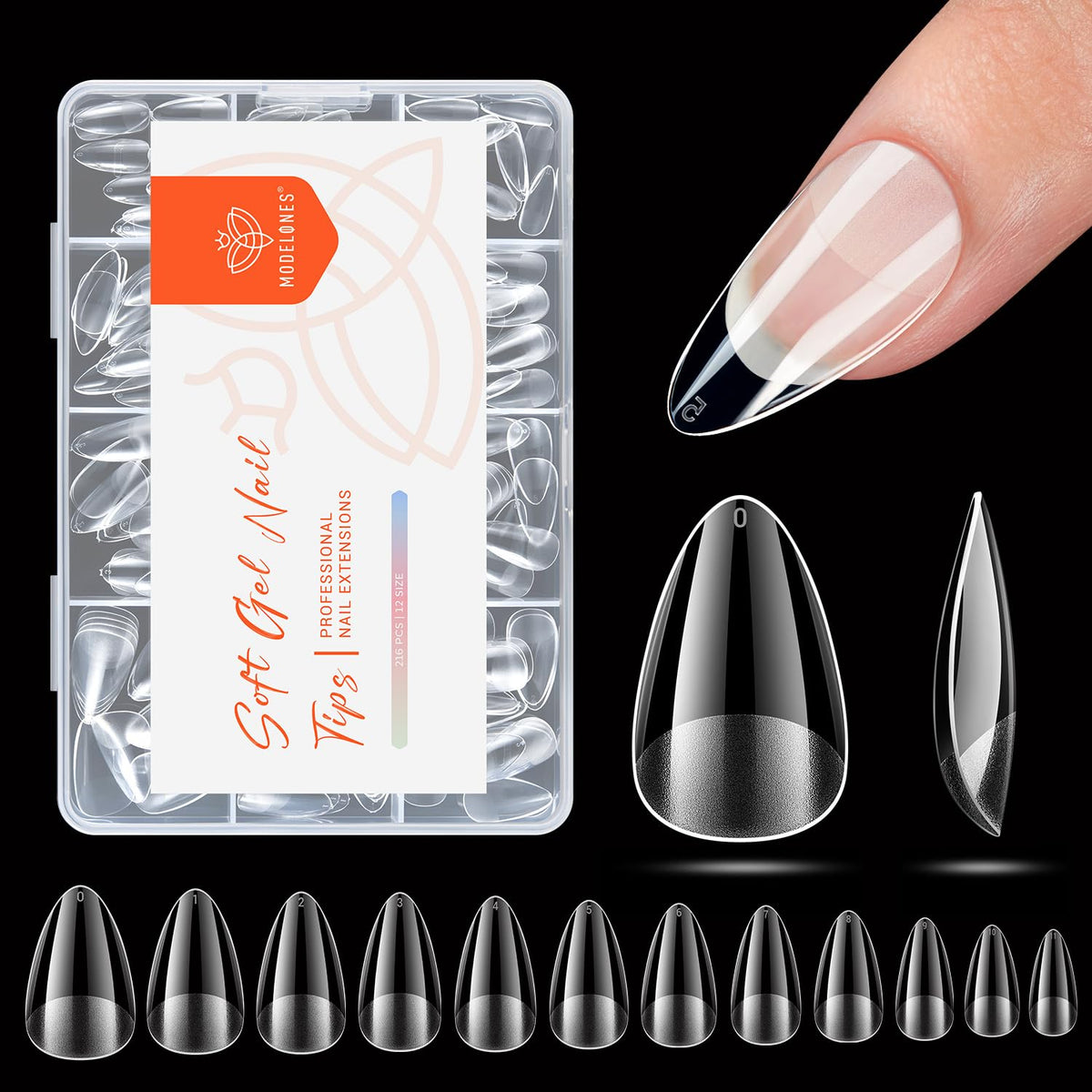 modelones Short Almond Nail Tips, Pre-shaped Soft Gel Tips Fake Nails False Acrylic Clear Full Cover Press on Extension Kit Gel Manicure DIY at Home 216PCS 12Sizes