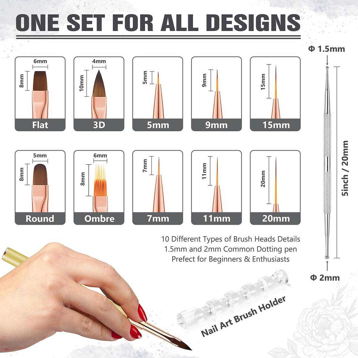 Nail Art Brushes for Nail Art, Professional 5Pcs Double-Ended Acrylic Nail Brush Set for Details, Long Lines, Ombre & 3D Design-Perfect for DIY Manicures & Salons (Gold)